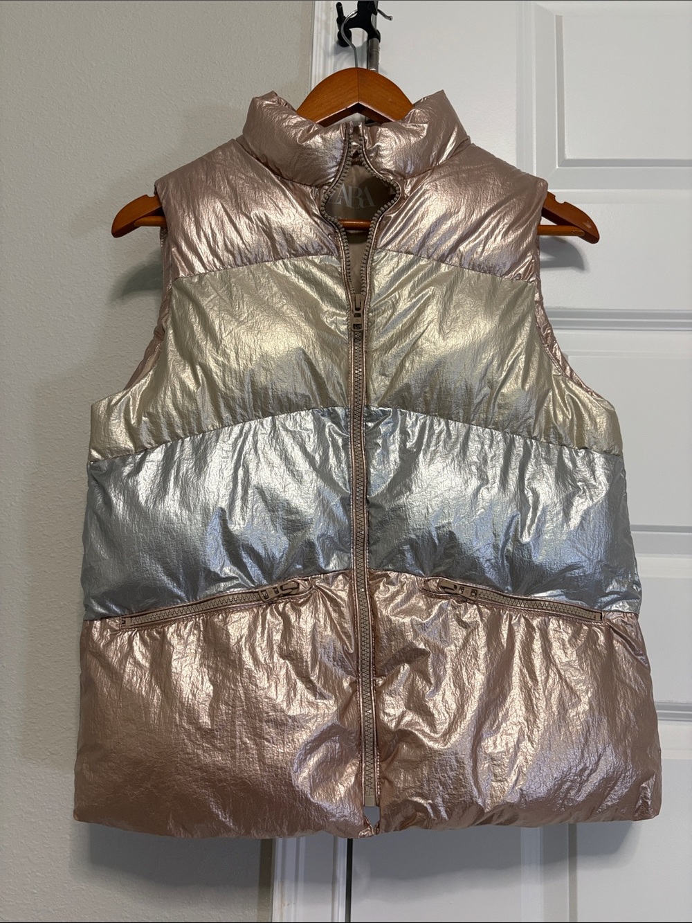Zara Metallic Colorblock Puffer Vest in Rose Gold, Gold & Silver